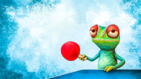 Chameleon playing ping pong with focused expression, funny reptile character illustrationの素材
