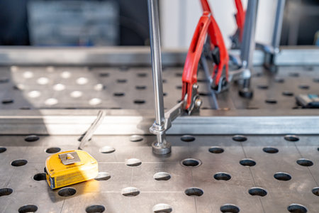 Welding table with clamps, measuring tape, and metal profiles in workshopの写真素材