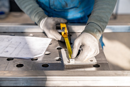 Metalworker measuring metal part with tape measure in workshop