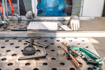Metalworker using welding table with tools and blueprint