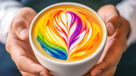 Barista holding a colorful rainbow latte art coffee cupの素材