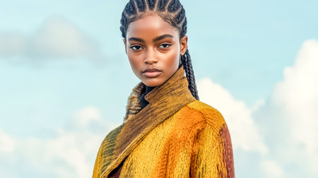 Fashion model posing in sustainable clothing against cloudy skyの素材