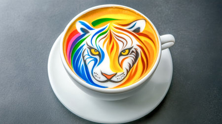 Vibrant tiger face latte art in white cupの素材