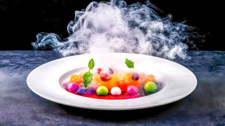 Molecular gastronomy smoking dessert with colorful spheres and mintの素材