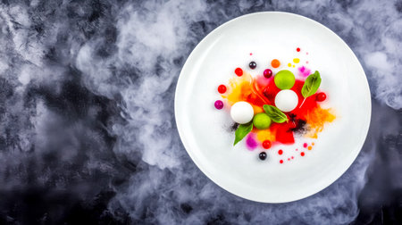 Molecular gastronomy dish with colorful swirls, white spheres, and dry ice creating a smoky effectの素材