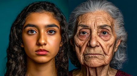 Aging process showing young and old woman facesの素材