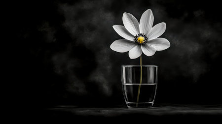 White flower standing in glass of water on dark backgroundの素材