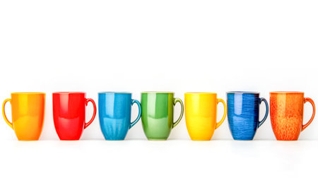 Colorful ceramic mugs forming a vibrant rainbow on white backgroundの素材