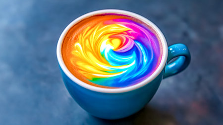 Vibrant rainbow latte art creating a colorful swirl in a blue cupの素材