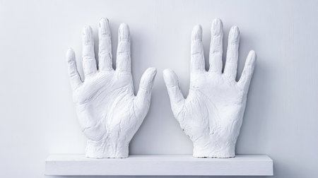Two white plaster hand molds resting on shelf against white backgroundの素材