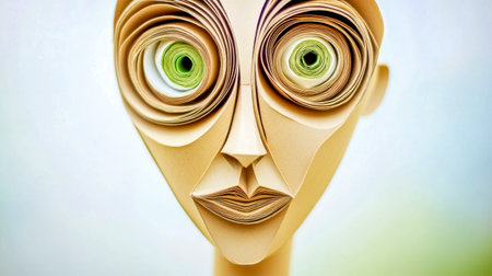 Cardboard sculpture forming a face with green eyesの素材