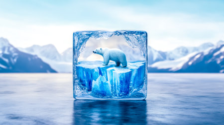 Polar bear walking on melting ice floe inside ice cube in arctic landscapeの素材