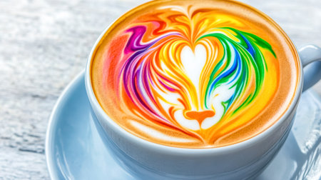 Vibrant rainbow latte art creating a lion face design in coffee cupの素材