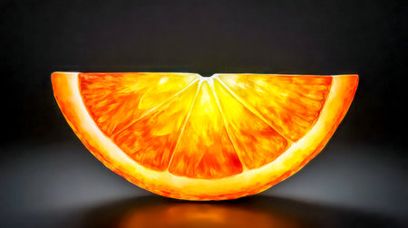 Slice of orange glowing like a miniature sunrise on dark backgroundの素材
