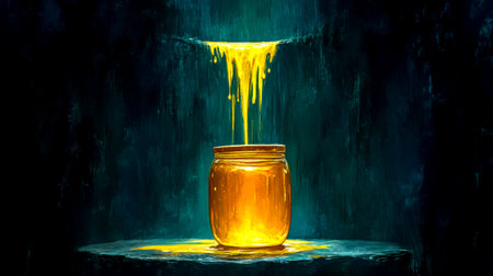 Golden honey pouring into glass jar on dark backgroundの素材