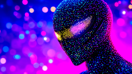 Model wearing futuristic digital outfit with glowing eyes in bokeh backgroundの素材