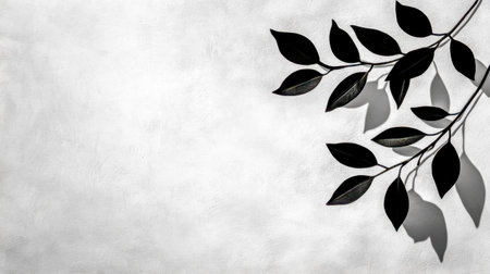Black leaves casting shadows on white background, minimalist nature photographyの素材