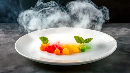 Molecular gastronomy dish releasing refreshing smoke on elegant plateの素材