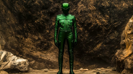 Futuristic soldier wearing green latex outfit standing in rocky canyonの素材