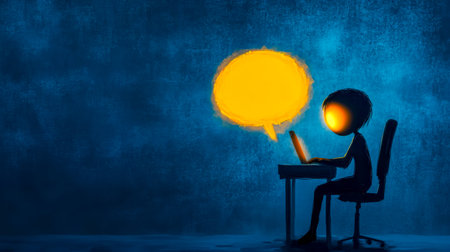 Person typing into a glowing chat bubble at nightの素材
