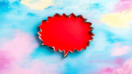Red speech bubble with jagged border over colorful pastel background conveys excitementの素材