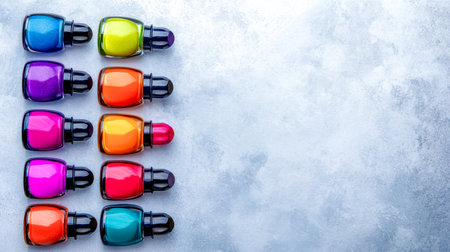 Colorful nail polish bottles forming a vibrant gradient on a textured backgroundの素材