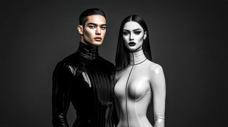 Fashion models wearing contrasting latex outfits in studio photoshootの素材