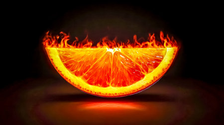 Burning orange slice glowing in the dark with fiery flamesの素材