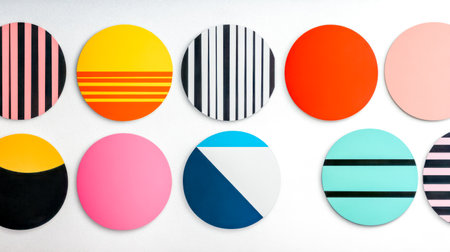 Colorful round stickers representing modern graphic design trendsの素材