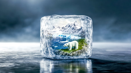 Polar bear walking in melting ice cube with arctic landscape insideの素材