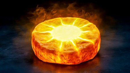 Round piece of cheese glowing like a miniature sun on dark backgroundの素材