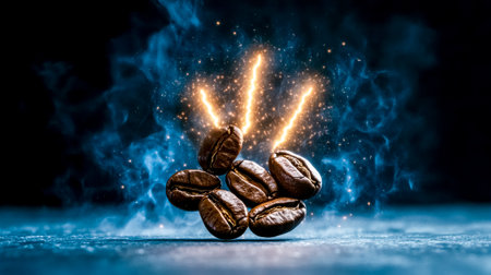 Coffee beans emitting energy sparks, a symbol of caffeine powerの素材