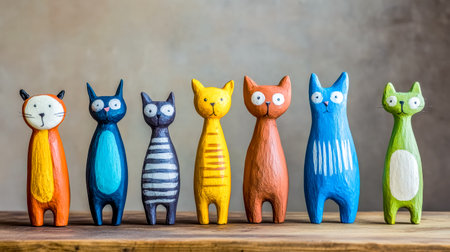 Colorful hand painted wooden cat figurines standing on a shelfの素材