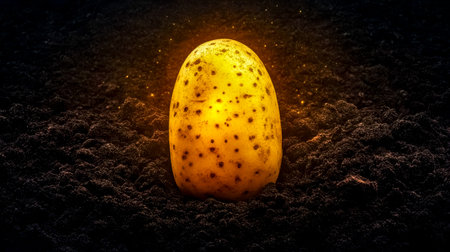 Glowing potato emerging from dark soil in magical atmosphereの素材