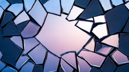 Shattered mirror reflecting a pastel sky with metallic shardsの素材