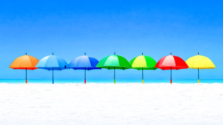 Colorful beach umbrellas providing shade on tropical white sand beachの素材