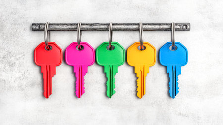 Five colorful keys hanging on a metal rod representing security and accessの素材