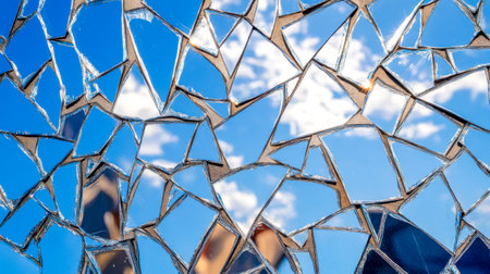 Shattered mirror reflecting a fragmented blue sky with white cloudsの素材