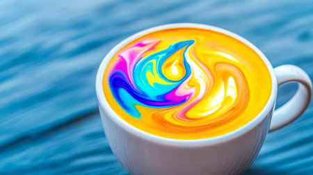 Rainbow latte art creating vibrant and colorful swirls in coffee cupの素材