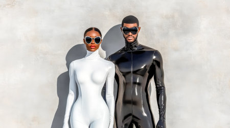 Fashion models wearing contrasting latex outfits and sunglassesの素材