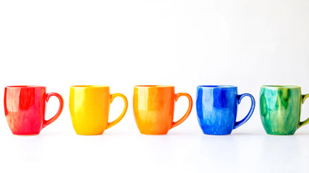 Five colorful ceramic mugs standing in a row on white backgroundの素材
