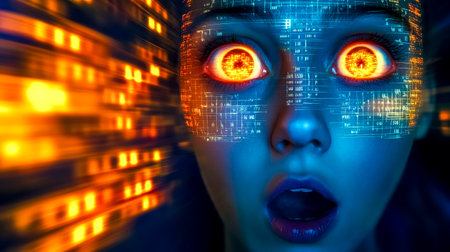 Woman with glowing eyes witnessing rapid data stream in futuristic cyberspaceの素材