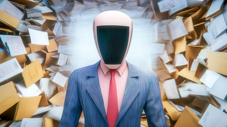 Businessman with digital screen head and folders surrounding himの素材