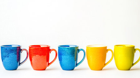 Five colorful ceramic mugs standing in a row on white backgroundの素材