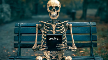 Skeleton sitting on bench using tablet with loading screenの素材