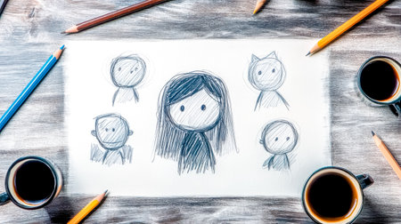 Illustrator sketching characters for a storyboard on a wooden desk with coffee and pencilsの素材