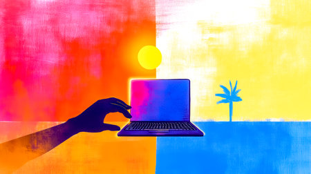 Hand reaching for laptop showing tropical beach, symbolizing work life balanceの素材