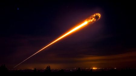 Massive burning meteor streaking across the dark night sky over cityの素材