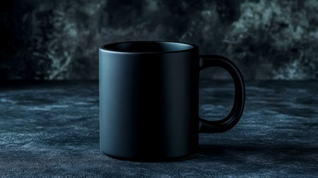 Matte black coffee mug standing on a dark surface with dramatic lightingの素材