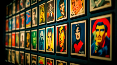 Wall exhibiting vintage movie posters of iconic charactersの素材